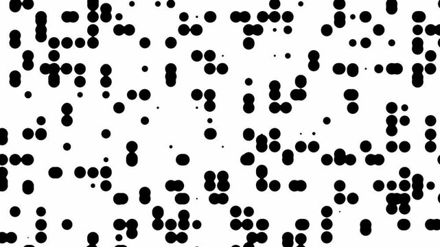 Abstract halftone dots morph and cluster randomly across a clean white surface in a fluid procedural digital noise background animation