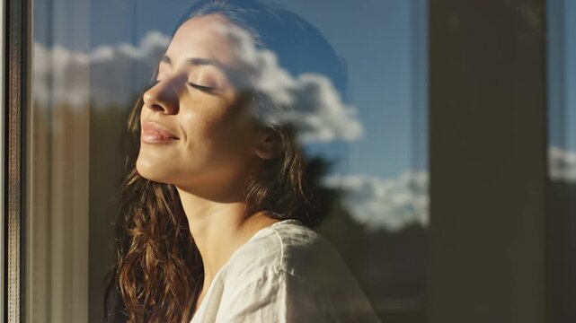 Woman standing by the window with clouds reflected on the glass. Profile view of a girl looking outside during sunset. Natural light portrait of a female face