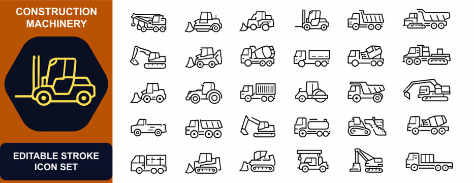 Construction machinery web icons in line style. Crane truck, bulldozer, loader, forklift, dump lorry, road grader, concrete mixer, cargo transport set. Editable stroke. Vector illustration.
