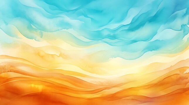 Abstract watercolor background with flowing waves of blue, yellow, and orange colors