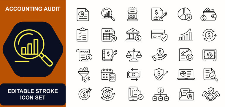 Accounting audit web icons in line style. Finance report, tax document, payment invoice, banking ledger, revenue chart, fraud shield. Editable stroke. Vector illustration.