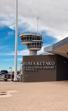 Windhoek, Namibia - May 26, 2025: Hosea Kutako International Airport terminal and control tower details