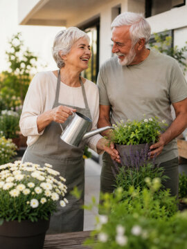A joyful elderly couple smiles while tending to their garden, watering plants and enjoying their time outdoors. Gardening and companionship.