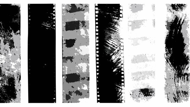 Distressed filmstrip patterns with varying textures and monochrome tones on a white background film negative movie cinema photographic