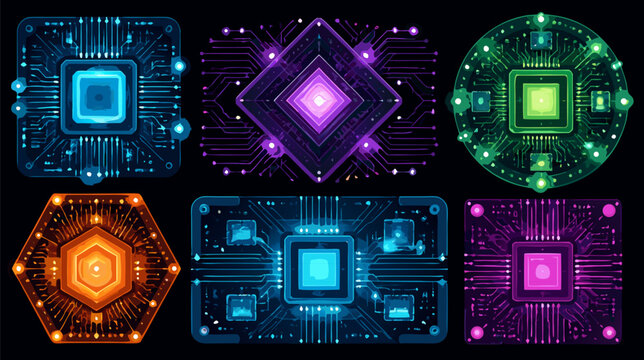 High Tech Microchip Processor Board Emitting Digital Blue Light Glow Flat Vector Illustration for Artificial Intelligence Technology Future Computing Hardware System Component Graphic Design Element