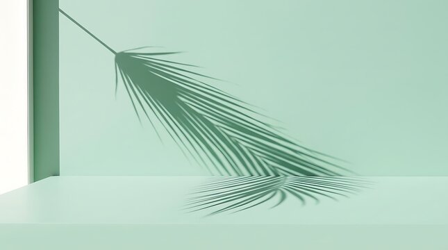 Minimalist product display podium with palm leaf shadow on pastel green background