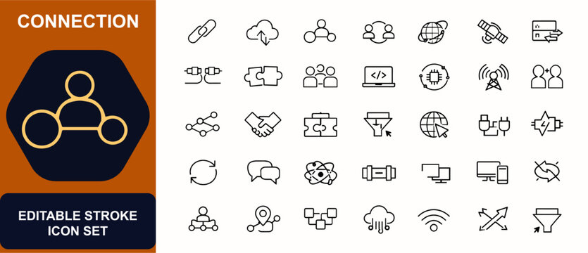 Connection web icons in line style. Handshake partnership, cloud data, cable wire, network link, team collaboration, global internet, technology exchange. Editable stroke. Vector illustration.