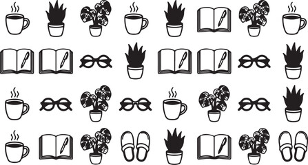 Obraz premium Minimalist study and coffee break icons set with books and glasses