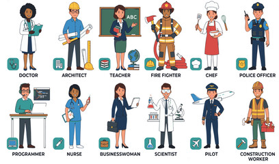 Fototapeta premium Print Occupations and Professional Careers Character Collection - Flat Vector Illustration Asset Pack with Doctor Architect Teacher Firefighter Chef Police Officer Programmer Scientist and Pilot