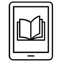 Electronic book reader device line icon illustration for digital storytelling and virtual library applications, clean minimalist vector icon for modern e-learning and academic software design.