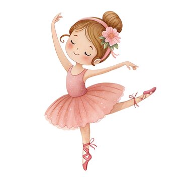 Watercolor illustration of a cute little ballerina girl in a pink tutu with a flower on her hair dancing isolated on white