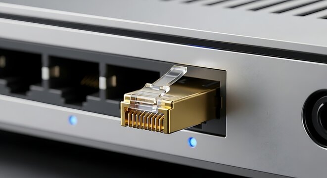 Ethernet Network Cable Plugged into Router Port Close-up