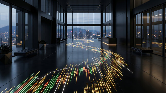 Minimalist Corporate Lobby with Candlestick Chart Floor