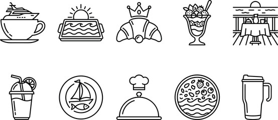 Luxury ocean cruise breakfast line icon set featuring yacht coffee tray croissant dessert smoothie table dome travel mug vector © Sariful