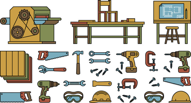 Woodworking carpentry workshop vector illustration kit with workbench thickness planer machine hand tools blueprints and safety icons for craftsman website layout.