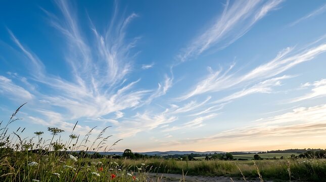 Beautiful landscape with wispy cirrus clouds in a blue sky over a grassy meadow at sunset in the countryside