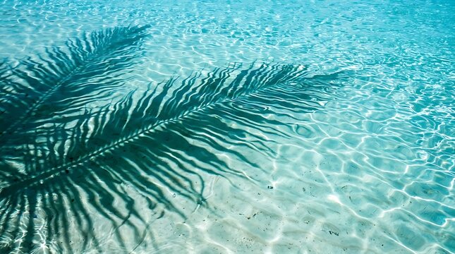 Shadow of a palm leaf on clear turquoise tropical ocean water