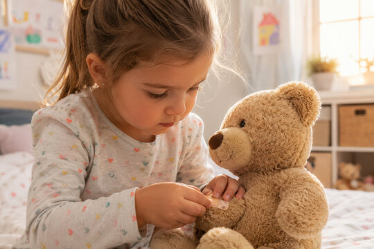 A young girl gently applies a bandage to her teddy bear in a bright, cozy bedroom. Childhood imagination and care.
