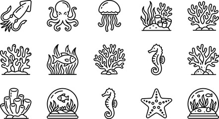 Marine life and ocean coral reef line icon set featuring squid octopus jellyfish seahorse starfish aquarium vector illustration © Sariful
