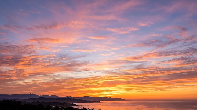 Stunning sunset over the pacific ocean with vibrant orange and purple clouds over the coastal mountains