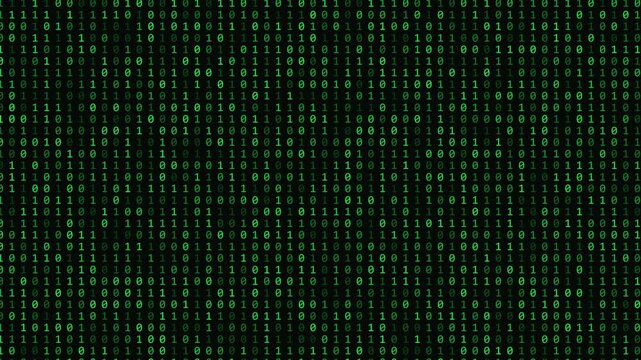 Green digital binary code matrix symbols flash randomly across a dark terminal display in a seamless technology background loop