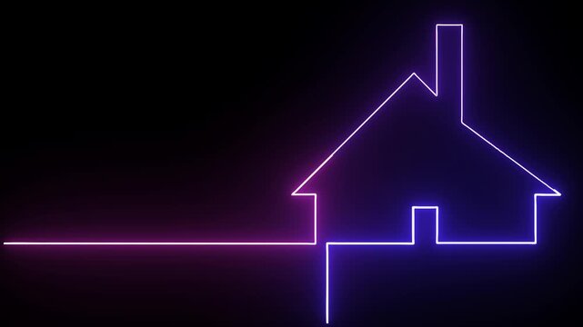 Neon home icon animation purple and blue color, shiny symbol. glowing House, home building animation.