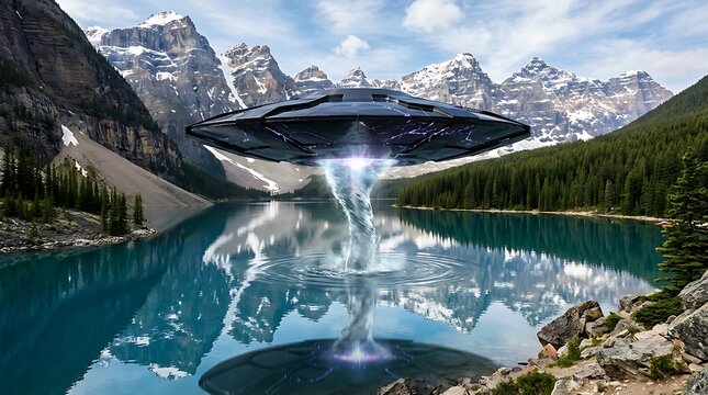 UFO landing in serene mountain lake, alien spacecraft, futuristic technology