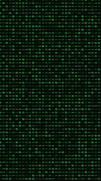 Vertical digital matrix stream of green binary numbers cascading down a dark smartphone interface display template