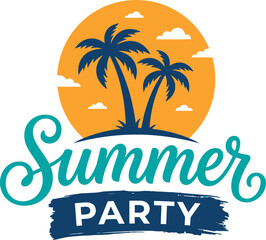 Obraz premium Summer party vector logo design with palm trees and sunset sun over blue ocean background.