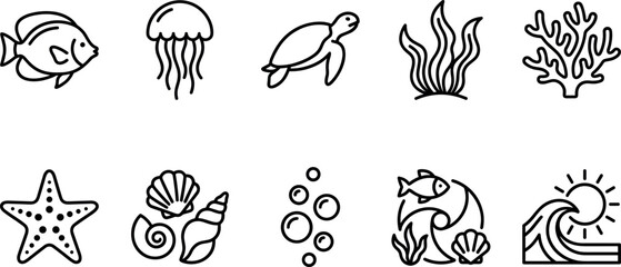 Marine life and ocean sea creatures line icon set featuring fish jellyfish turtle seaweed coral starfish shell vector © Sariful