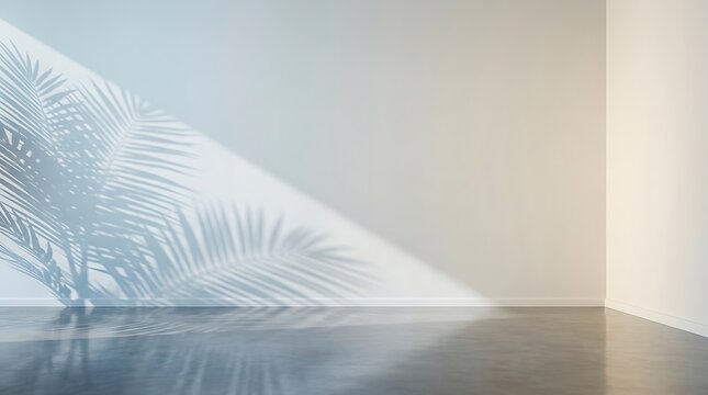 Empty room with concrete floor and palm leaf shadow on the wall