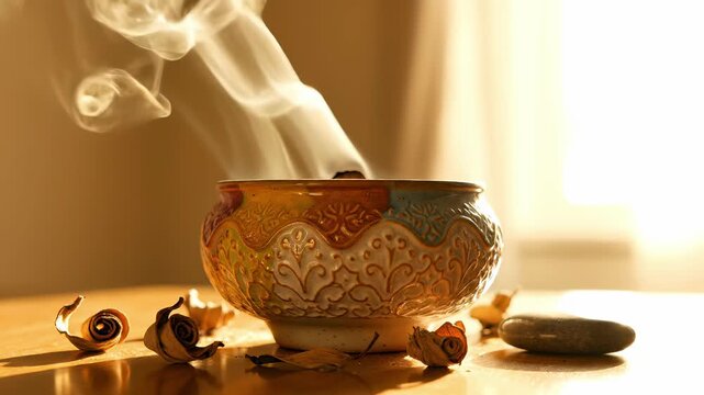 Smoke rising from ornate ceramic incense burner on table. Aromatherapy and home fragrance