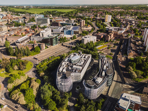 Newcastle upon Tyne UK: 25th May 2026. Drone view of Northumbria University Faculty of Business and Law, City Campus East. Highlighting the building, nearby roads and green areas