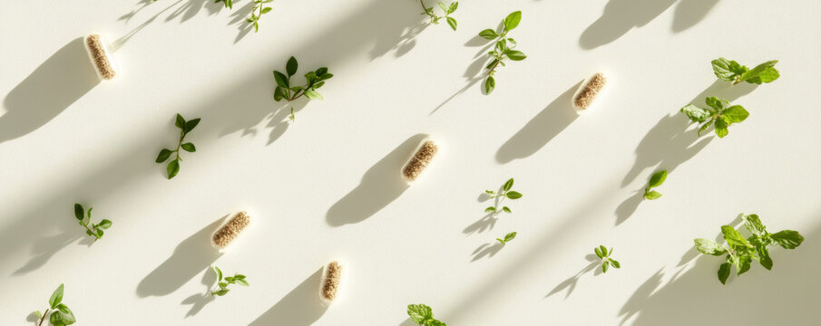 Herbal Capsules with Natural Ingredients on Neutral Background