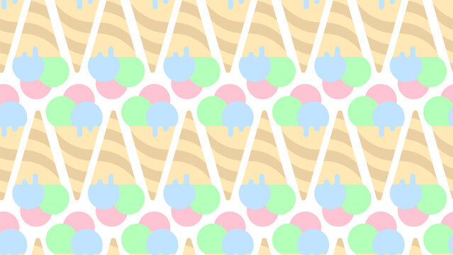 Cold, refreshing pistachio, creamy and strawberry ice cream in a crispy waffle cone. Vector ice cream on white background