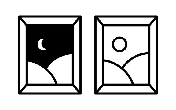 Mountain and sun view icon with sun symbol photo gallery