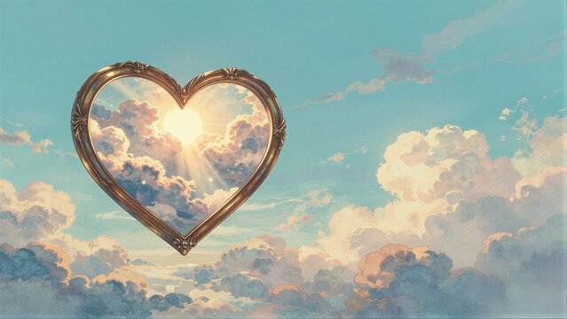 Golden heart frame holds sunlit clouds against a serene blue sky.