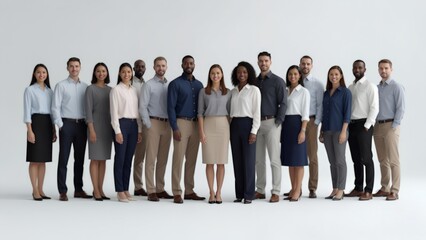 Obraz premium Diverse group of professional office workers in a busy, blurred corporate environment, representing workforce diversity, active collaboration, and a dynamic modern workspace for global business.