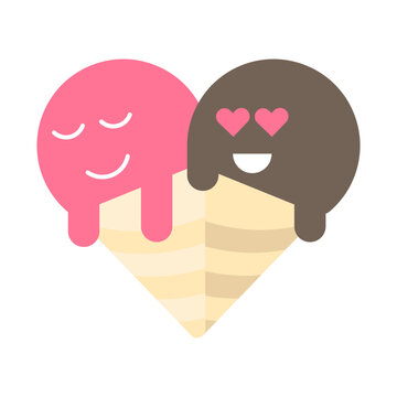 Sweet couple lovers strawberry and chocolate melted ice cream in a crispy waffle. Flat color vector isolated on white background
