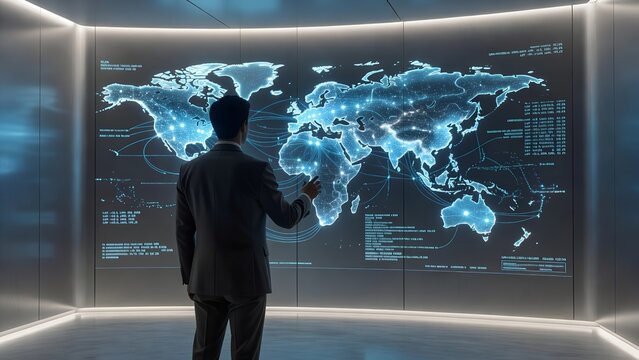 Unrecognizable businessman in a modern control room pointing toward a luminous world map display, visualizing global networks, data analytics, digital transformation, strategy, and innovation