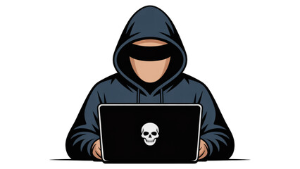 Person in hoodie using laptop with skull sticker in dim lighting Vector © MD siddik