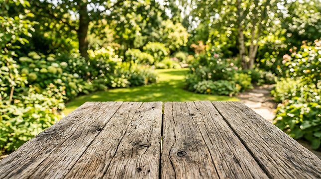 Empty rustic wooden table top with blurred lush green garden background