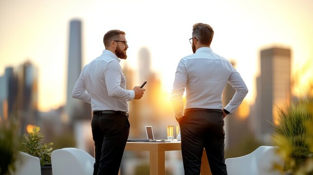 Two businessmen in white shirts talk near a table with laptop on rooftop terrace, city skyline at sunset behind them.