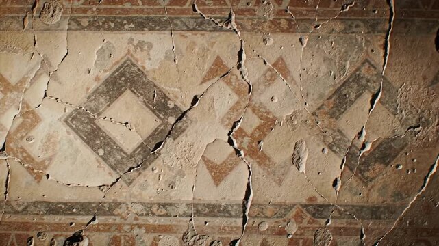Ancient damaged wall painting with geometric patterns, archaeological discovery