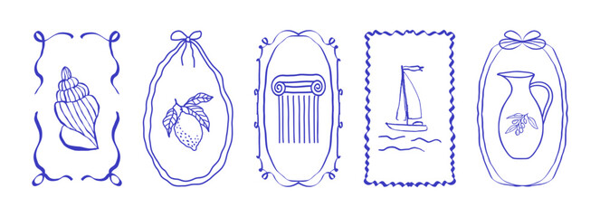 Whimsical greek blue doodle bow frames with lemon, boat, column, jug, shell in retro coquette style frame on white background. Vector hand-drawn set for menu, greeting cards, party decor. © Екатерина Тарасова