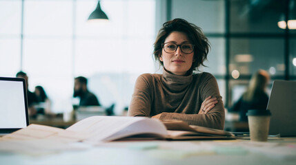 Fototapeta premium Female office worker sitting at a desk with paper documents open planner laptop with blank screen and reusable cup organizing tasks for a business event sticky notes placed