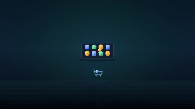 A futuristic console with colorful buttons emits a glow on a dark background with a subtle shopping cart icon below.
