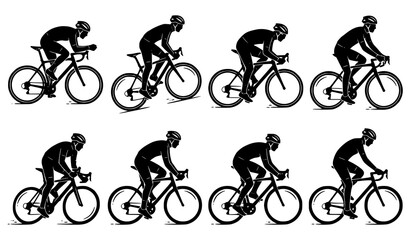Obraz premium Dynamic Cycling Man Silhouette Vector Set with Road Bike Racing and Sport Bicycle Action Poses Isolated on White Background