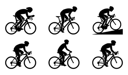 Naklejka premium Cycling Man Silhouette Icon Set Featuring Bicycle Sport Racing Rider Collection Vector Illustration Isolated on White Background