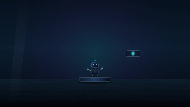 A small robot sits on a platform in a dark room with a blue glow and a screen displaying a green light